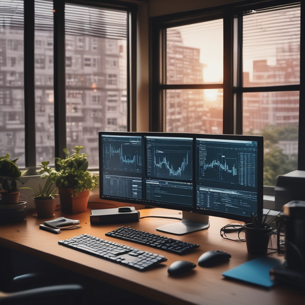 Developer's workspace with dual monitors and code on screen